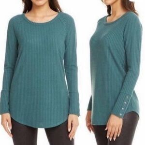 Anthropologie Teal Waffle Knit Long Sleeve Top